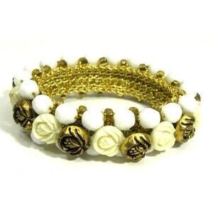 Carved Rose Bracelet Stretch Elastic Beaded Gold Tone Molded Flowers Vintage